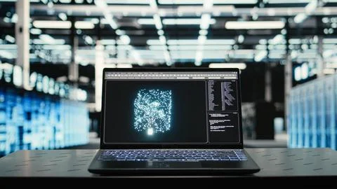 AI machine learning LLM in data center on laptop used to troubleshoot issues Foto stock
