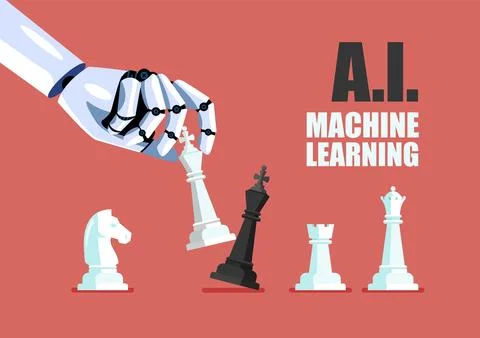 AI Machine Learning. Robot hand use white king checkmate the black king Stock Illustration