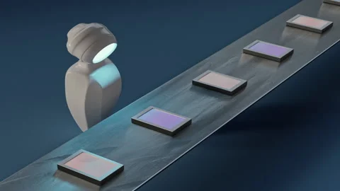 Ai Machine Learning Robot observing by the conveyor belt. Data validation Stock Footage 152339121