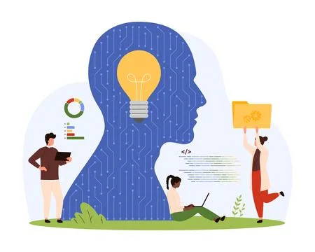 AI, machine learning, software development, tiny people work with algorithms and Stock Illustration