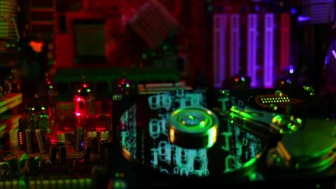 AI Mainframe Mainboard Selective Focus Tracking Dolly Right with Parallax Stock Footage 347399209