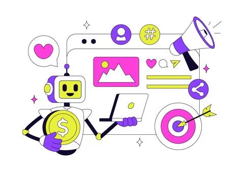 AI Marketing Vector Illustration Featuring Smart Robot, Digital Advertising.. 库存插图