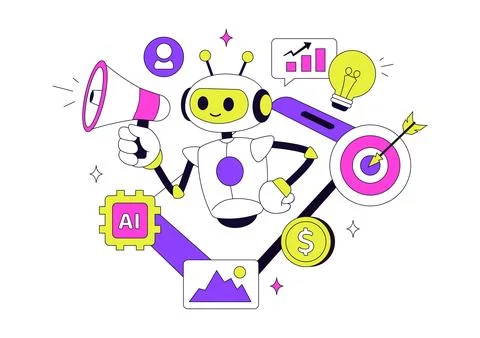 AI Marketing Vector Illustration Featuring Smart Robot, Digital Advertising.. 库存插图