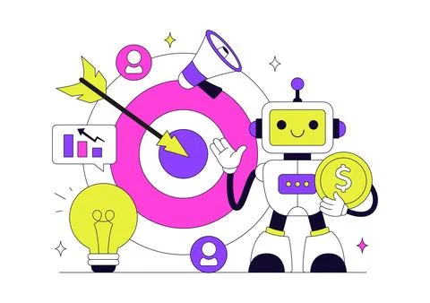 AI Marketing Vector Illustration Featuring Smart Robot, Digital Advertising.. 库存插图