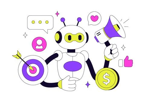 AI Marketing Vector Illustration Featuring Smart Robot, Digital Advertising.. 库存插图