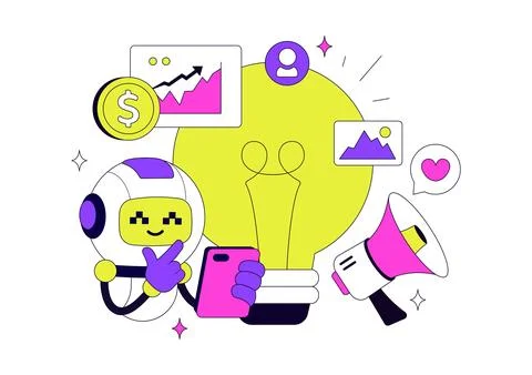 AI Marketing Vector Illustration Featuring Smart Robot, Digital Advertising.. 库存插图