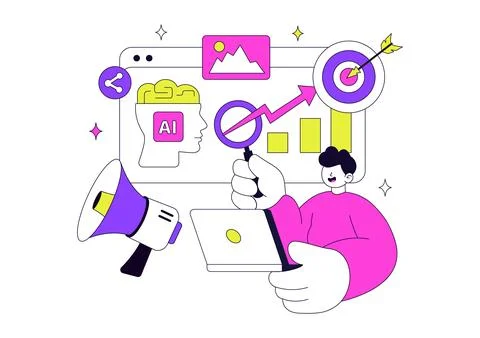 AI Marketing Vector Illustration Featuring Smart Robot, Digital Advertising.. 库存插图