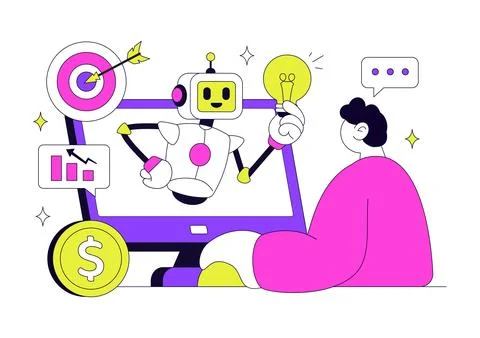 AI Marketing Vector Illustration Featuring Smart Robot, Digital Advertising.. 库存插图