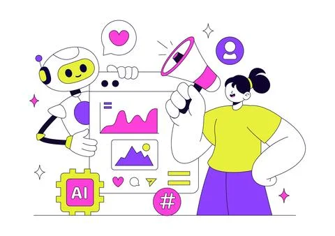 AI Marketing Vector Illustration Featuring Smart Robot, Digital Advertising.. 库存插图