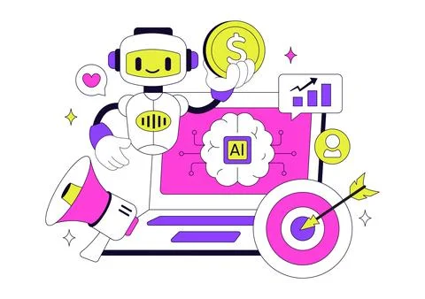 AI Marketing Vector Illustration Featuring Smart Robot, Digital Advertising.. 库存插图
