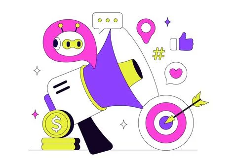 AI Marketing Vector Illustration Featuring Smart Robot, Digital Advertising.. 库存插图