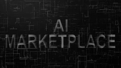 AI marketplace text technology data line black white Stock Illustration