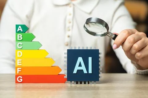AI microchip and energy efficiency scale. Artificial intelligence model tie.. Stock Photos