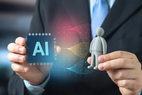 An AI microchip and a gray robot figurine. The creation of autonomous assista 写真素材