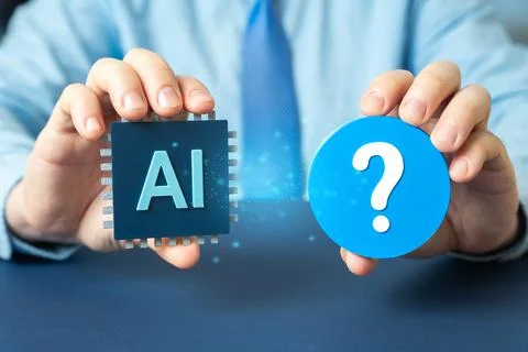 An AI microchip and a question mark in a man's hands. Future of artificial in Stock Photos