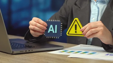 AI microchip and warning symbol in the hands of a business woman. Shortage of AI Stock Footage 342813373
