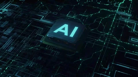 AI Microchip Animation 4K Glowing AI Text Central on Circuit Board Data Flo.. Stock Footage 333197683