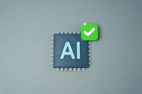 AI microchip with approval checkmark, safety and reliability concept, approva Stock Photos