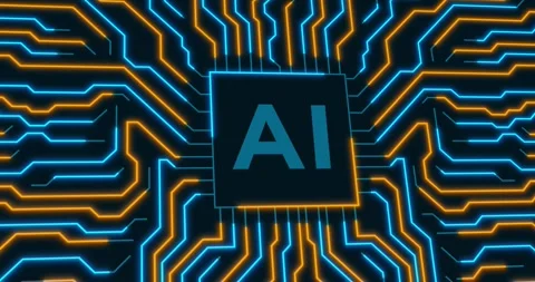 AI microchip with a blue and orange loop neon beam circuits Stock Footage 337426862