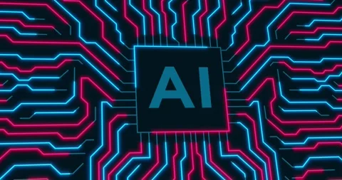 AI microchip with a blue and violet loop neon beam circuits Stock Footage 337426863