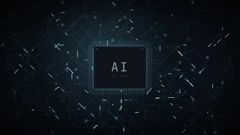 AI microchip at the centre of a dark circuit board background with faint traces 動画素材 344557481