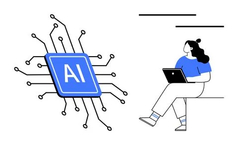 AI microchip with circuit lines and woman using laptop. Ideal for technology, Stock Illustration