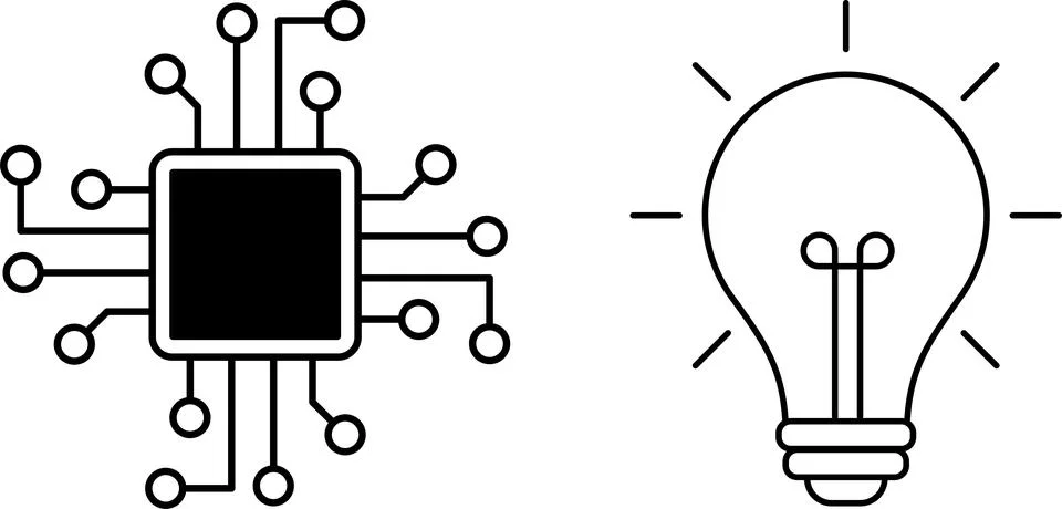 AI microchip with circuits and glowing light bulb. AI, innovation, technology Stock Illustration