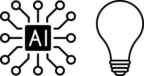 AI microchip with circuits and glowing light bulb. AI, innovation, technology 库存插图