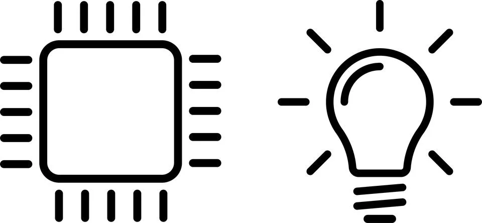 AI microchip with circuits and glowing light bulb. AI, innovation, technology Stock Illustration