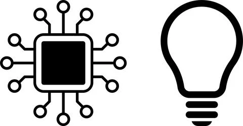 AI microchip with circuits and glowing light bulb. AI, innovation, technology Illustrazione stock