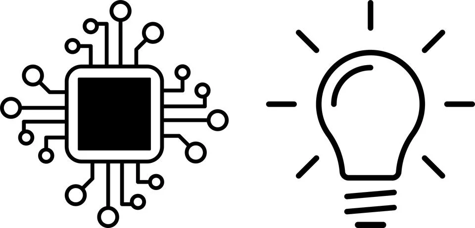 AI microchip with circuits and glowing light bulb. AI, innovation, technology Stock Illustration