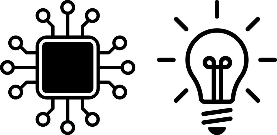 AI microchip with circuits and glowing light bulb. AI, innovation, technology Stock Illustration
