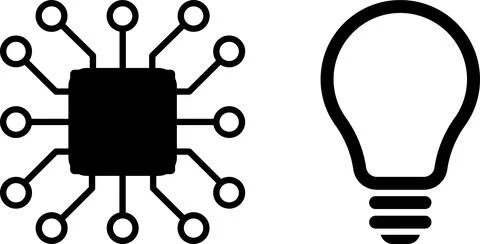 AI microchip with circuits and glowing light bulb. AI, innovation, technology Иллюстрация