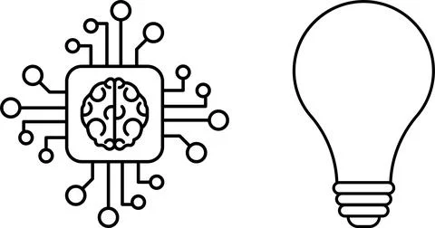 AI microchip with circuits and glowing light bulb. AI, innovation, technology Stock Illustration