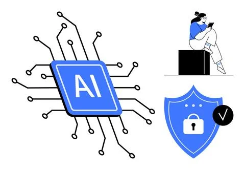 AI microchip with circuits, security shield with padlock and checkmark, perso Illustrazione stock