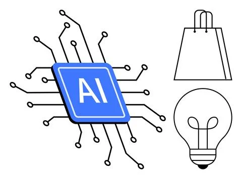 AI microchip connected to circuits, a shopping bag, and a light bulb. Ideal f Stock Illustration