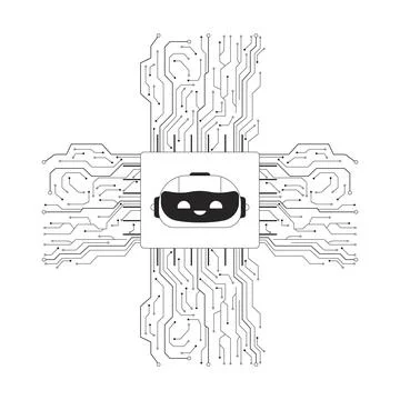 AI microchip cpu black and white 2D line cartoon object Stock Illustration