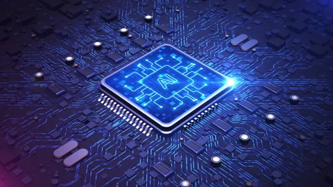 AI microchip embedded in an intricate blue circuit board, representing Stock Footage 294286734