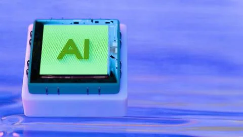 AI microchip floating over colorful reflective surface 库存插图