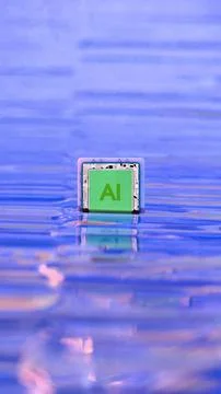 AI microchip floating over colorful reflective surface Stock Illustration