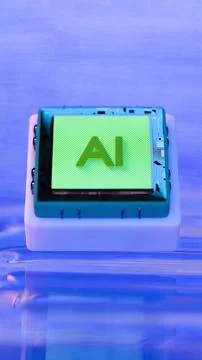 AI microchip floating over colorful reflective surface 库存插图