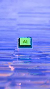 AI microchip floating over colorful reflective surface 库存插图