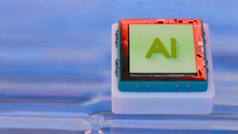 AI microchip floating over colorful reflective surface 库存插图