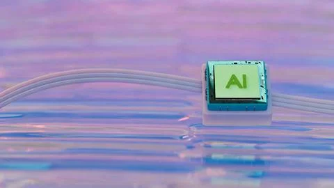 AI microchip floating over colorful reflective surface 库存插图