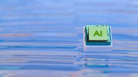 AI microchip floating over colorful reflective surface 库存插图