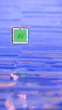 AI microchip floating over colorful reflective surface 库存插图