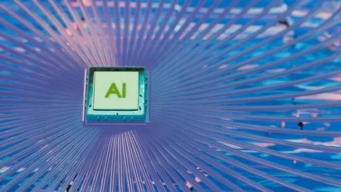 AI microchip floating over colorful reflective surface 库存插图