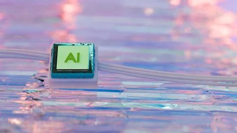 AI microchip floating over colorful reflective surface 库存插图