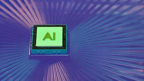 AI microchip floating over colorful reflective surface 库存插图