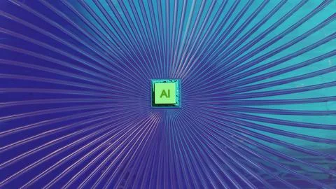 AI microchip floating over colorful reflective surface 库存插图